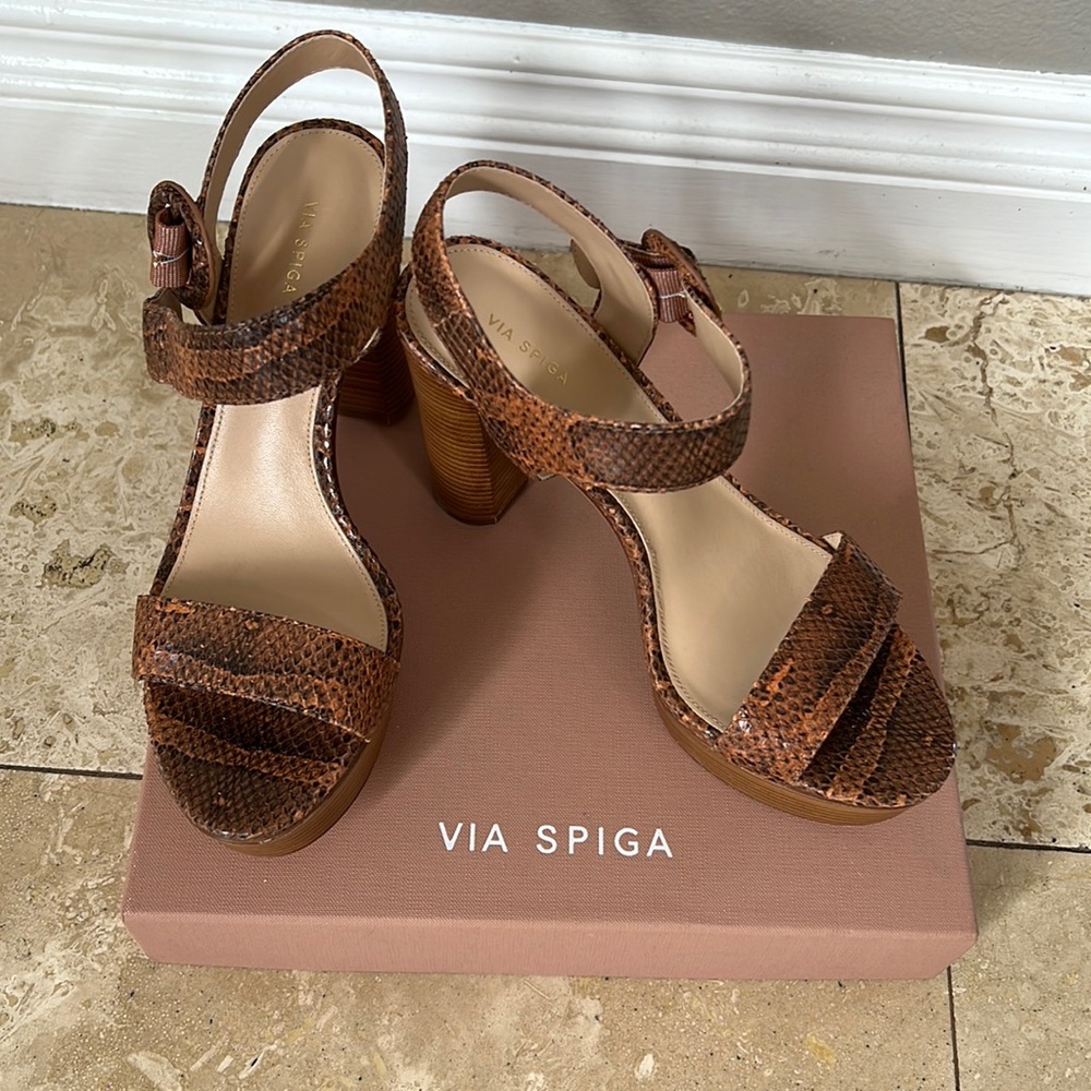 Via Spiga Snakeskin-Embossed Leather Platform Sandals